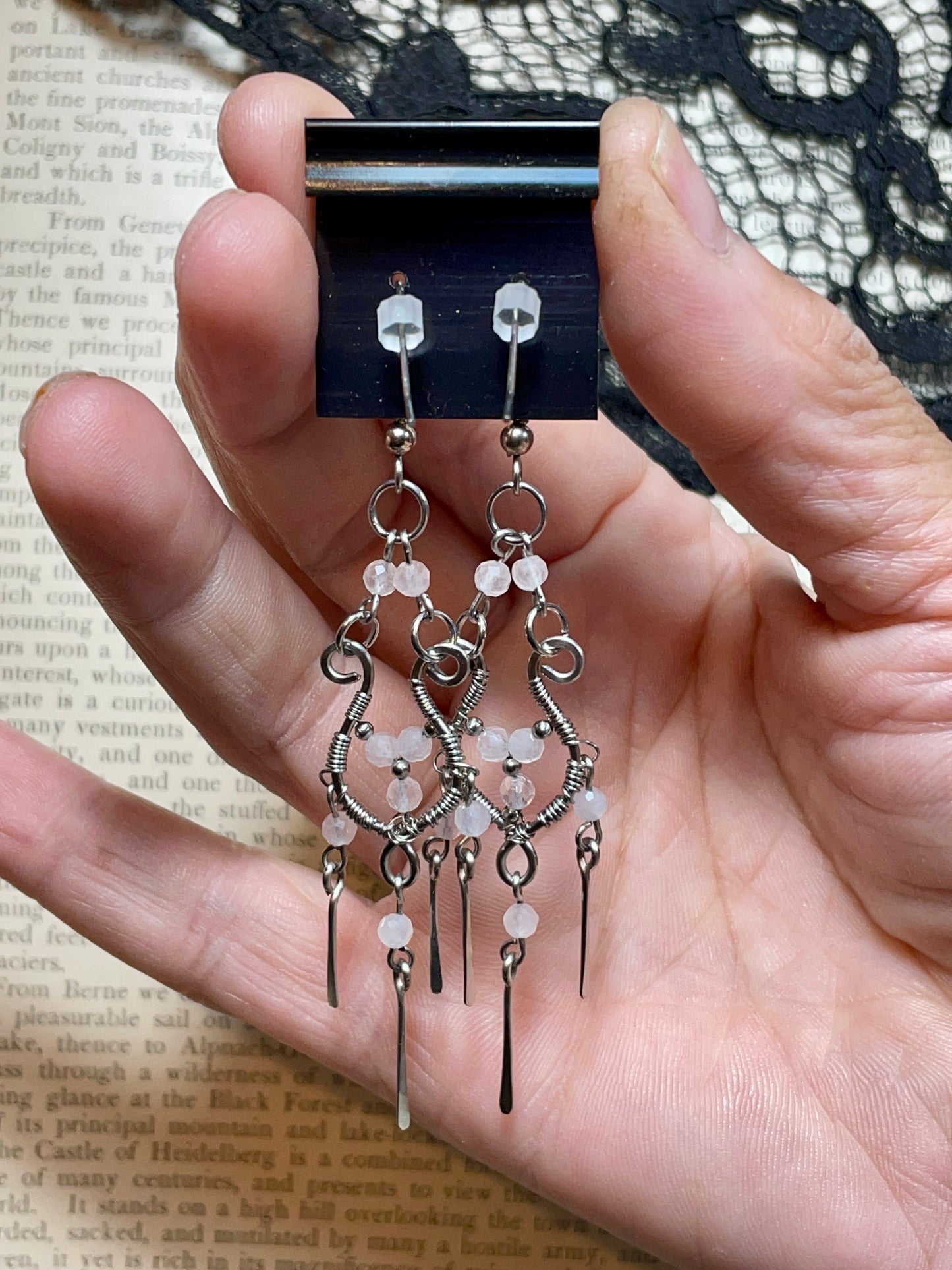 Rose Quartz Chandelier Earrings in Stainless Steel