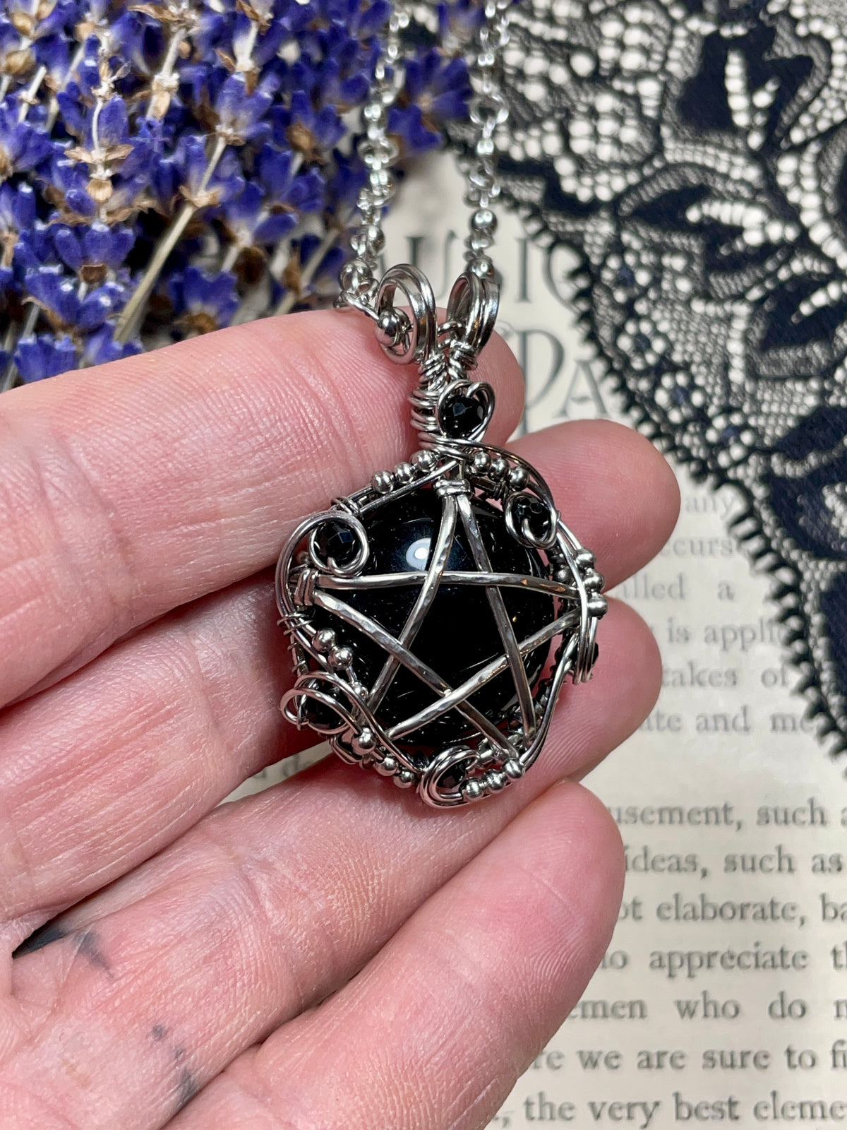 Onyx and Spinel Pentacle Pendant in Stainless Steel