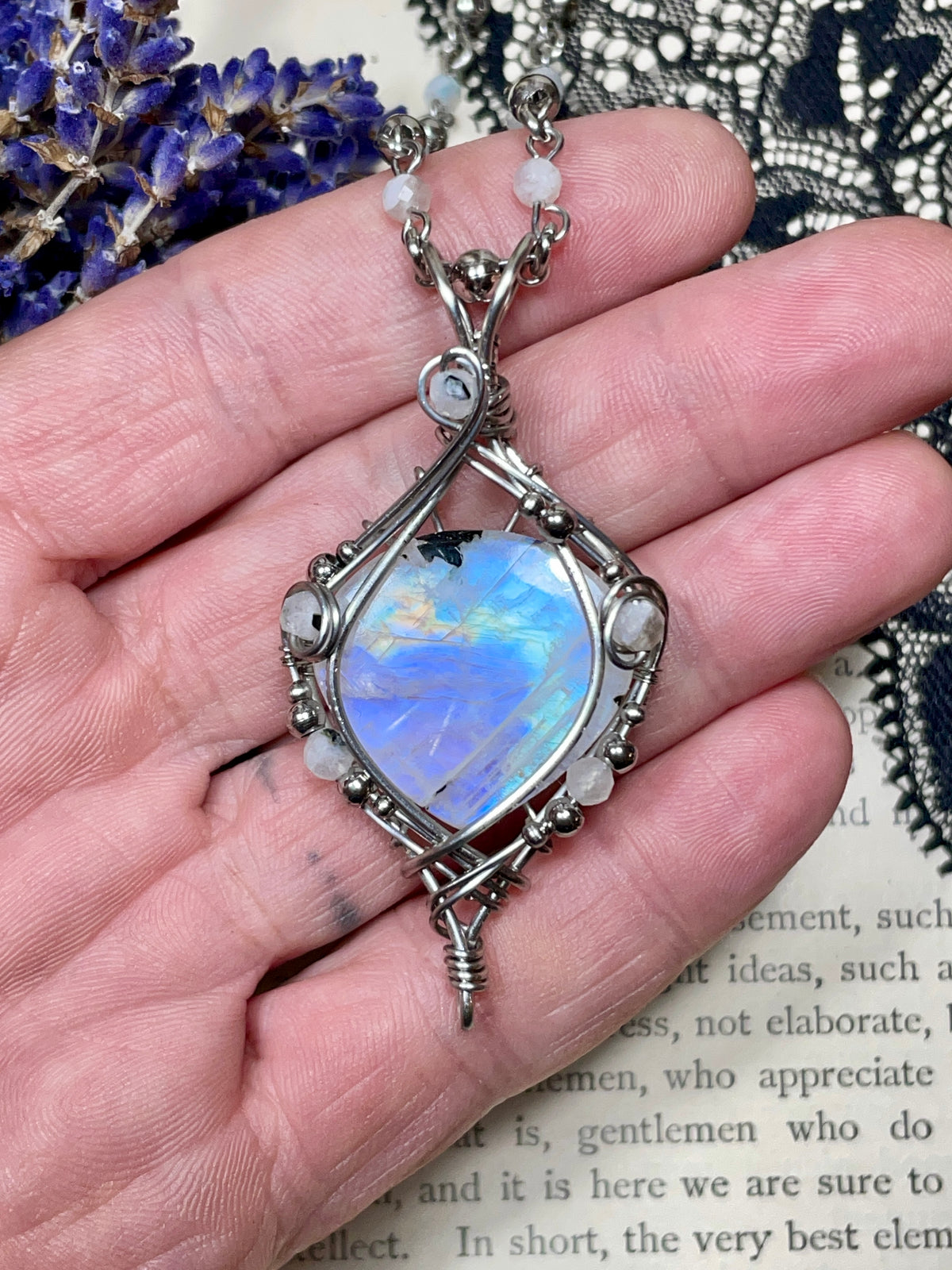 Moonstone (Rainbow Moonstone) Pendant in Stainless Steel
