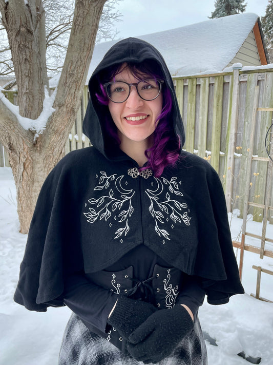 Celestial Black Wool Capelet in Silver