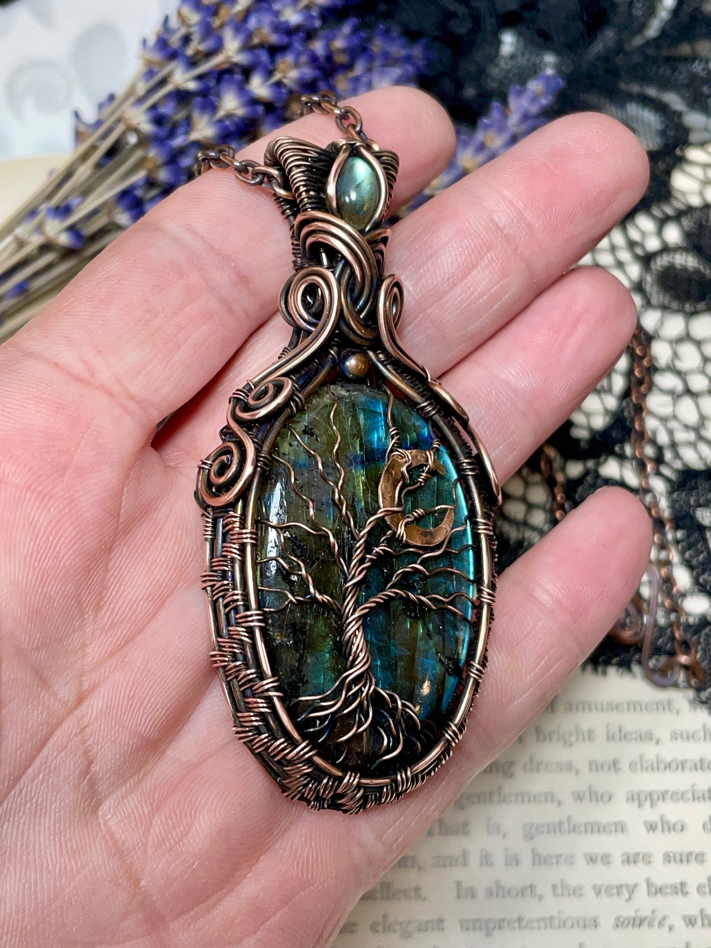 Labradorite Crescent Moon Tree of Life Amulet in Copper