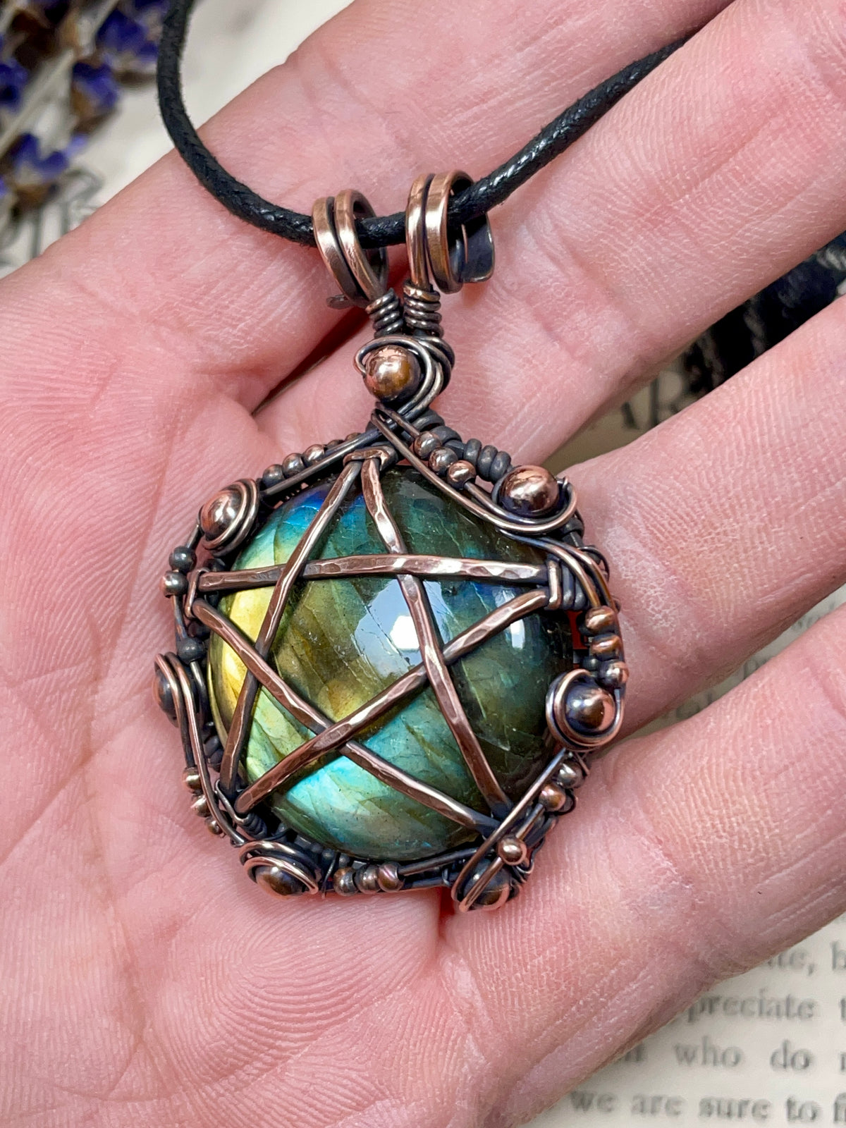 Labradorite Pentacle Pendant in Antiqued Copper
