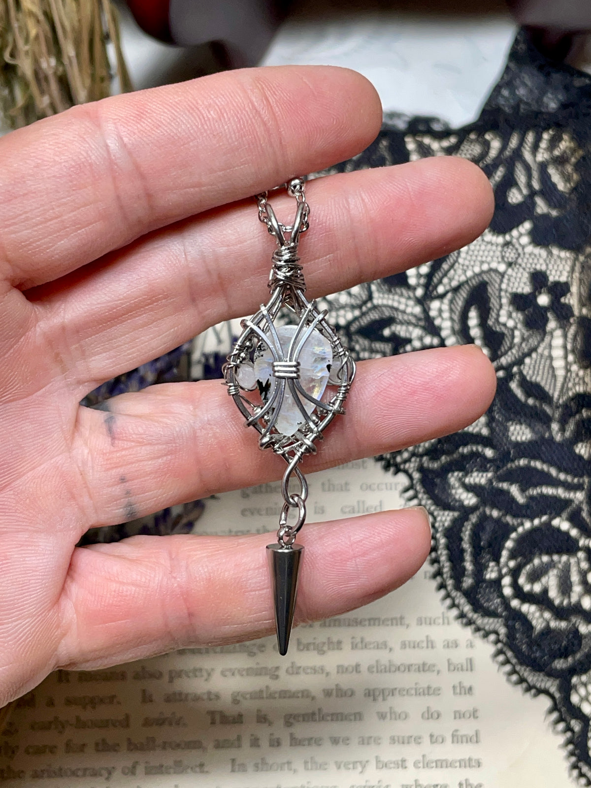 Moonstone (Rainbow Monstone) Pendant in Stainless Steel