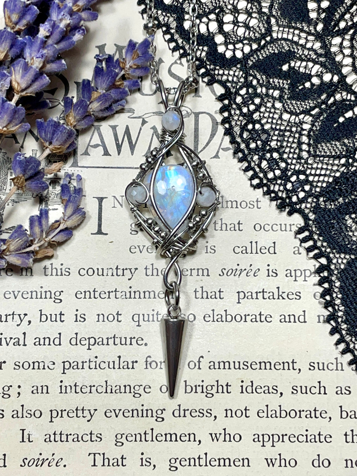 Moonstone (Rainbow Monstone) Pendant in Stainless Steel