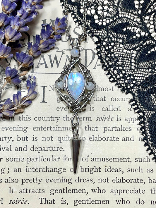 Moonstone (Rainbow Monstone) Pendant in Stainless Steel