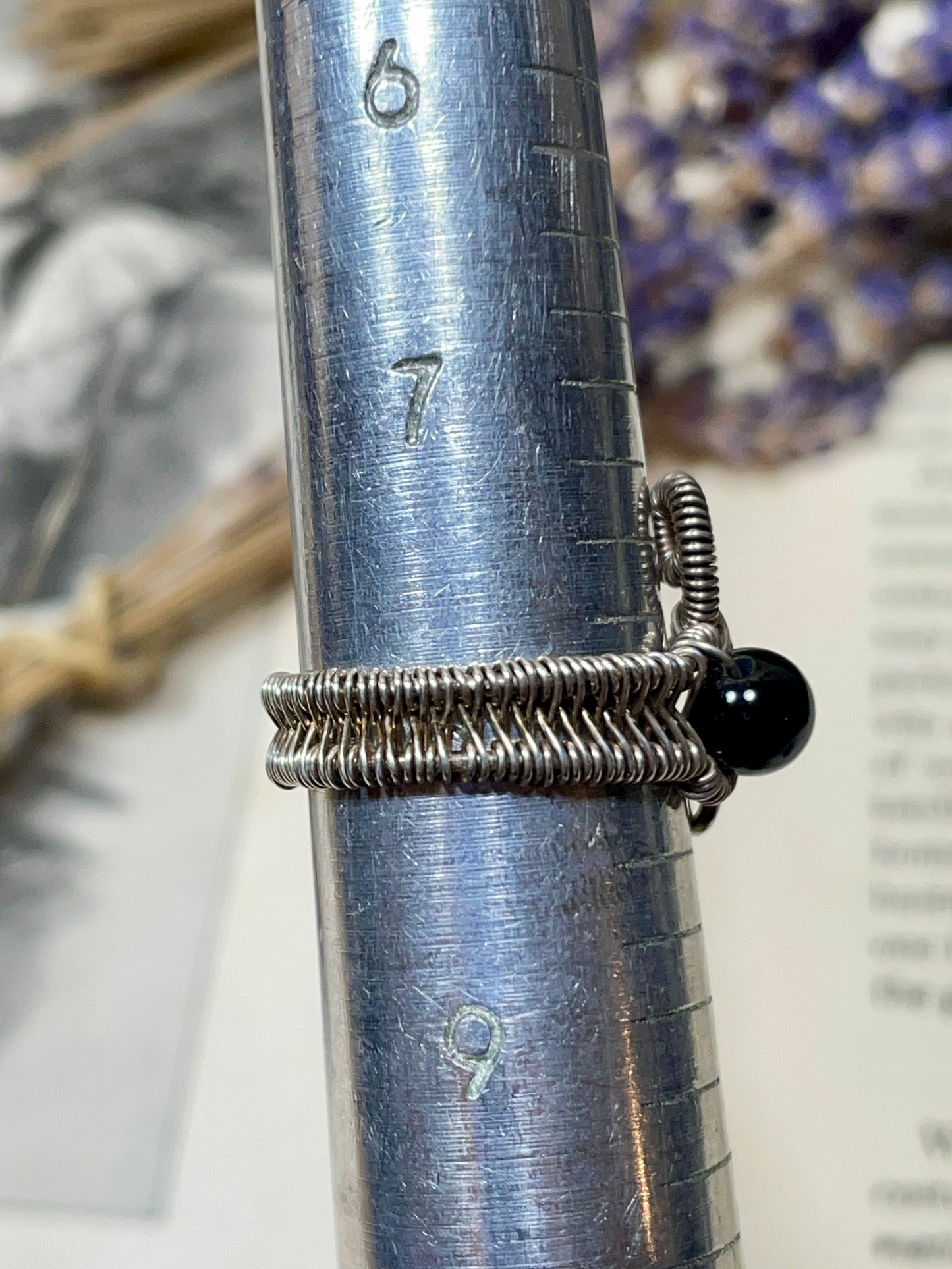 Onyx Bead Woven Sterling Silver Ring Size 8