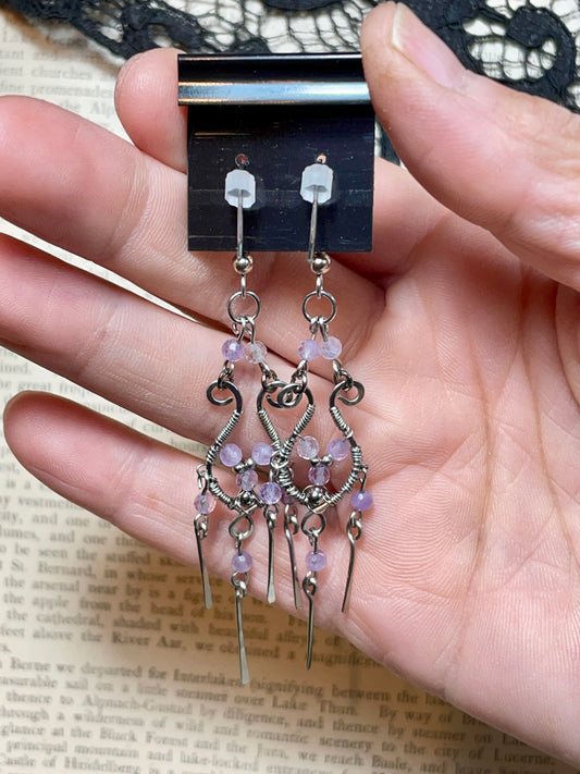 Amethyst Chandelier  Earrings in Stainless Steel
