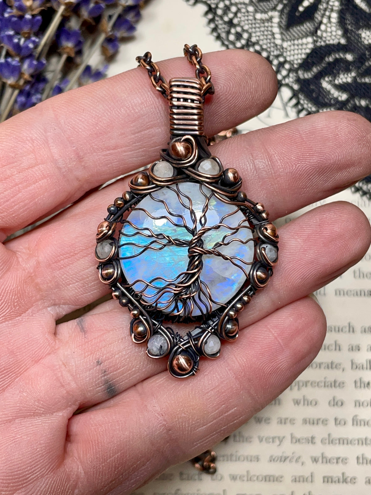Moonstone (Rainbow Moonstone) Tree of Life Pendant in Antiqued Copper