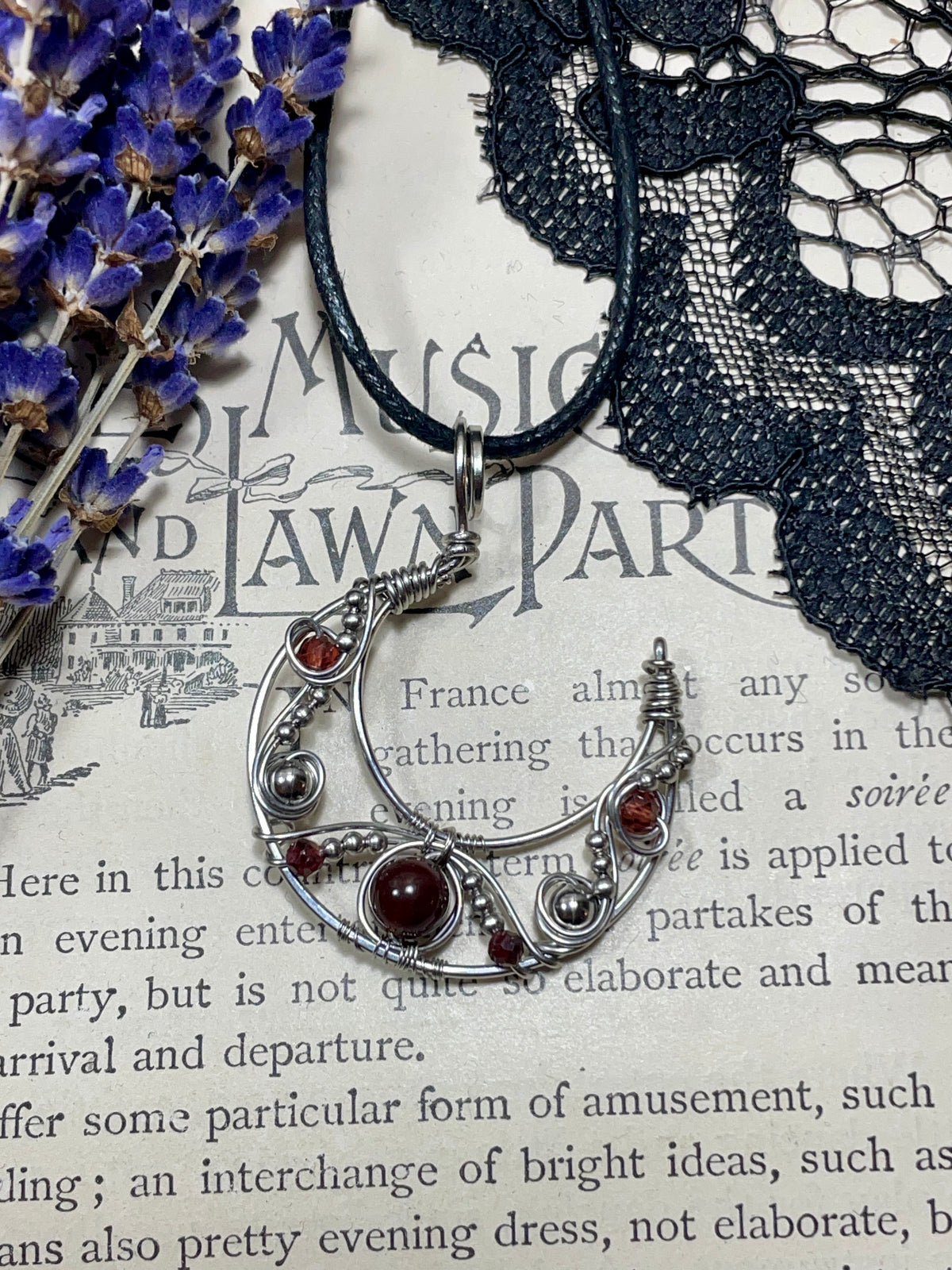 Garnet Crescent Moon Pendant in Stainless Steel