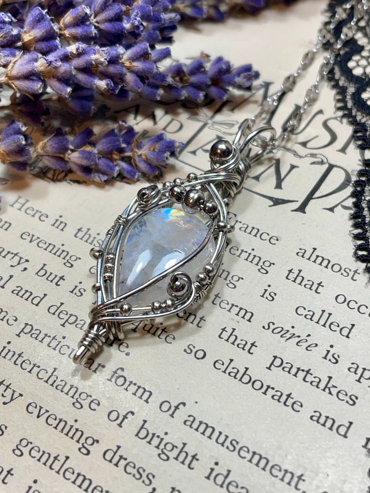 Moonstone (Rainbow Moonstone) Pendant in Stainless Steel
