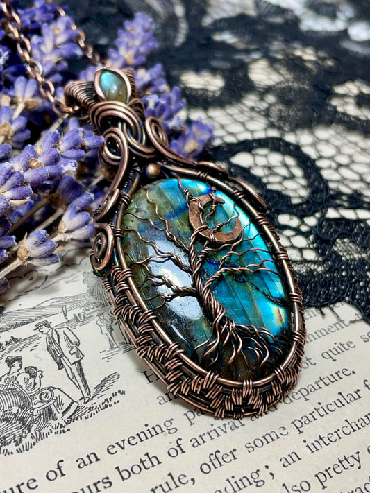 Labradorite Crescent Moon Tree of Life Amulet in Copper