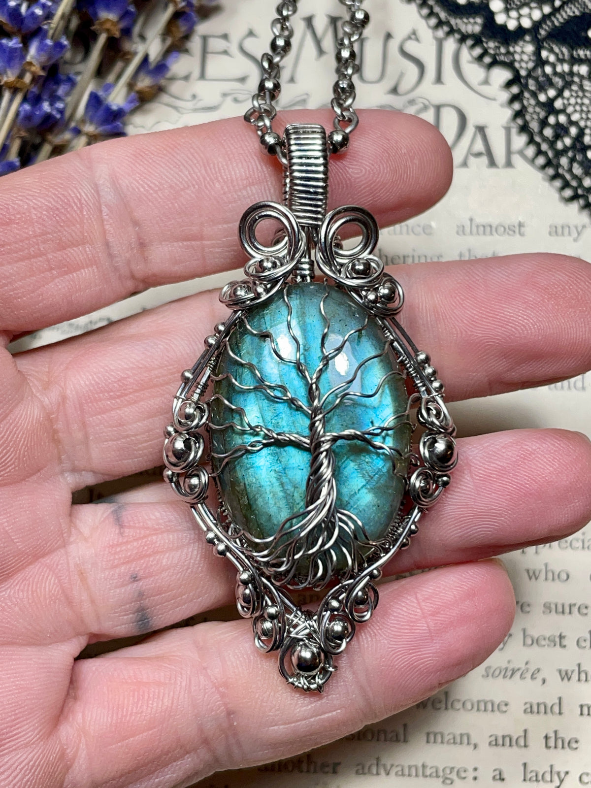 Labradorite Tree of Life Pendant in Stainless Steel