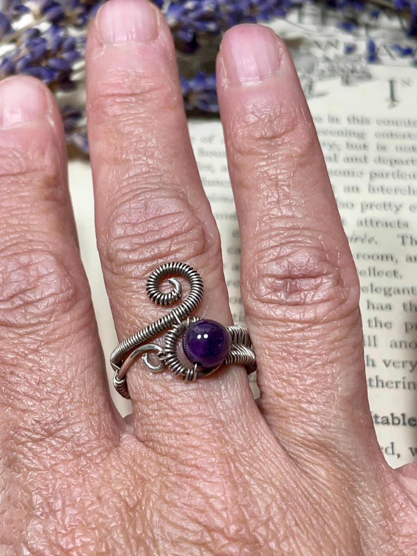 Amethyst Bead Woven Sterling Silver Ring