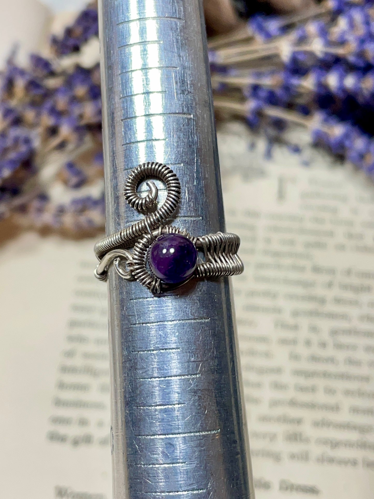Amethyst Bead Woven Sterling Silver Ring
