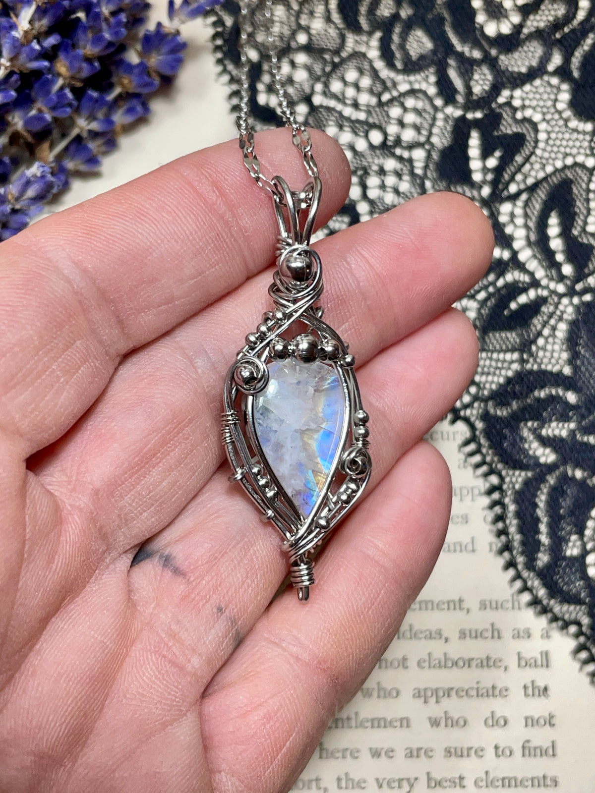 Moonstone (Rainbow Moonstone) Pendant in Stainless Steel