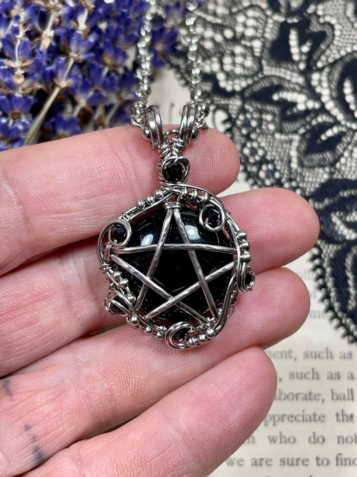 Onyx and Spinel Pentacle Pendant in Stainless Steel