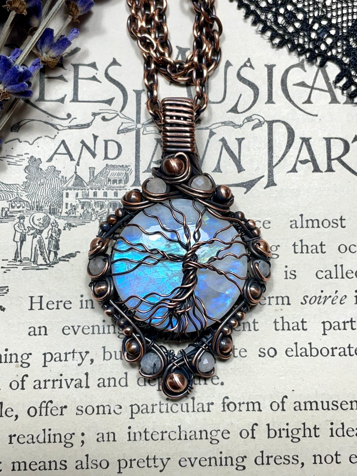 Moonstone (Rainbow Moonstone) Tree of Life Pendant in Antiqued Copper