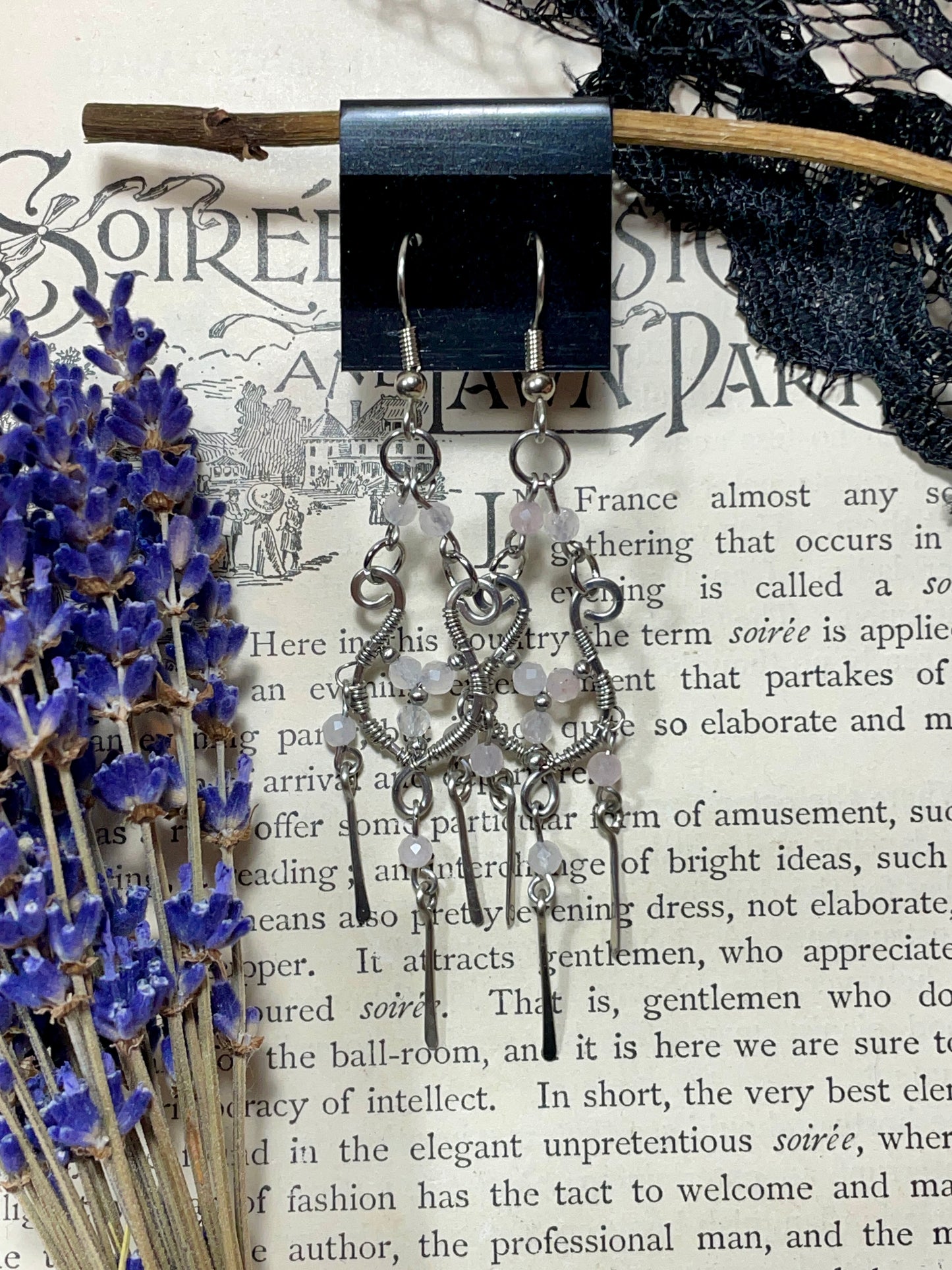 Rose Quartz Chandelier Earrings in Stainless Steel