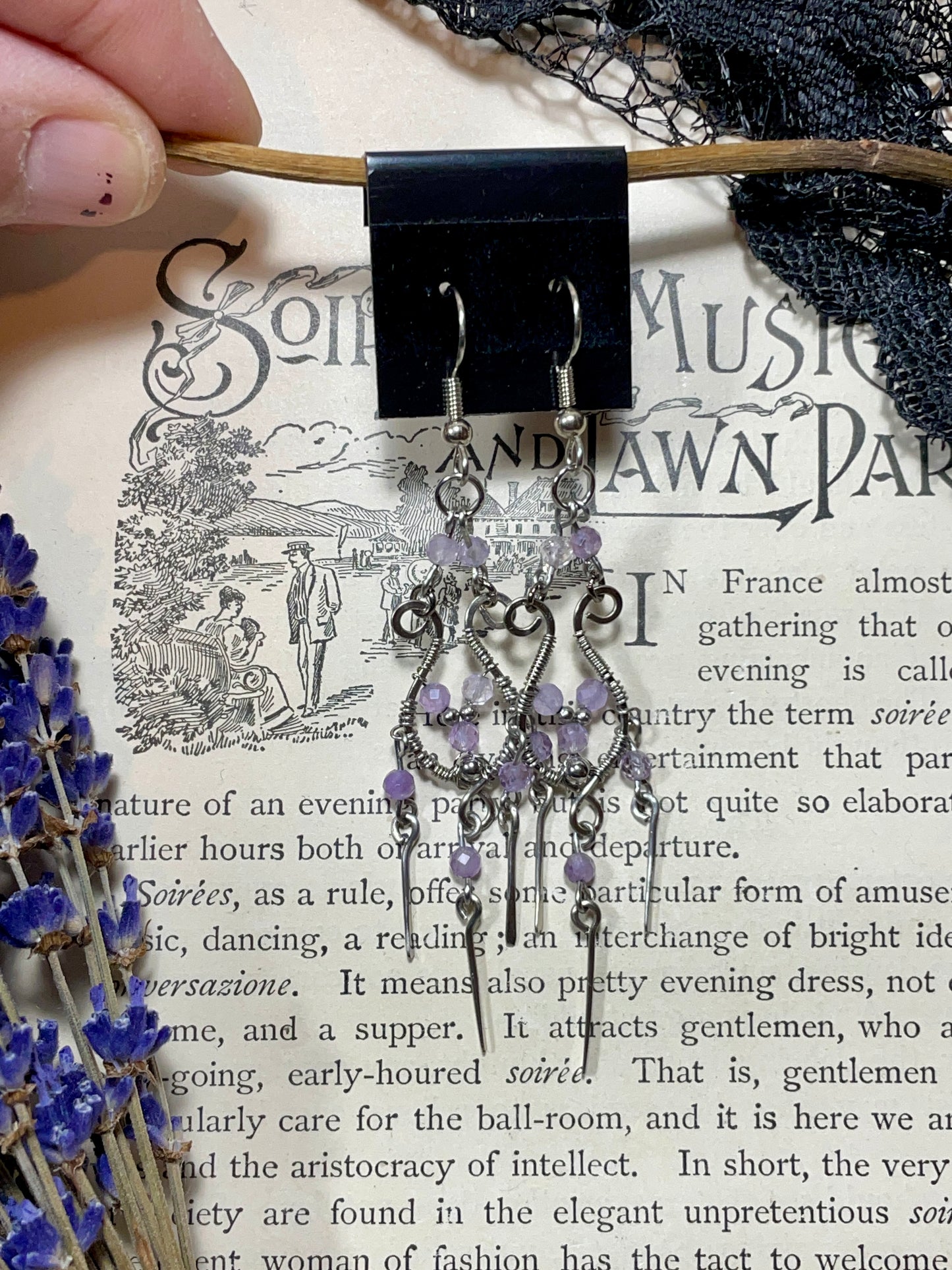 Amethyst Chandelier  Earrings in Stainless Steel