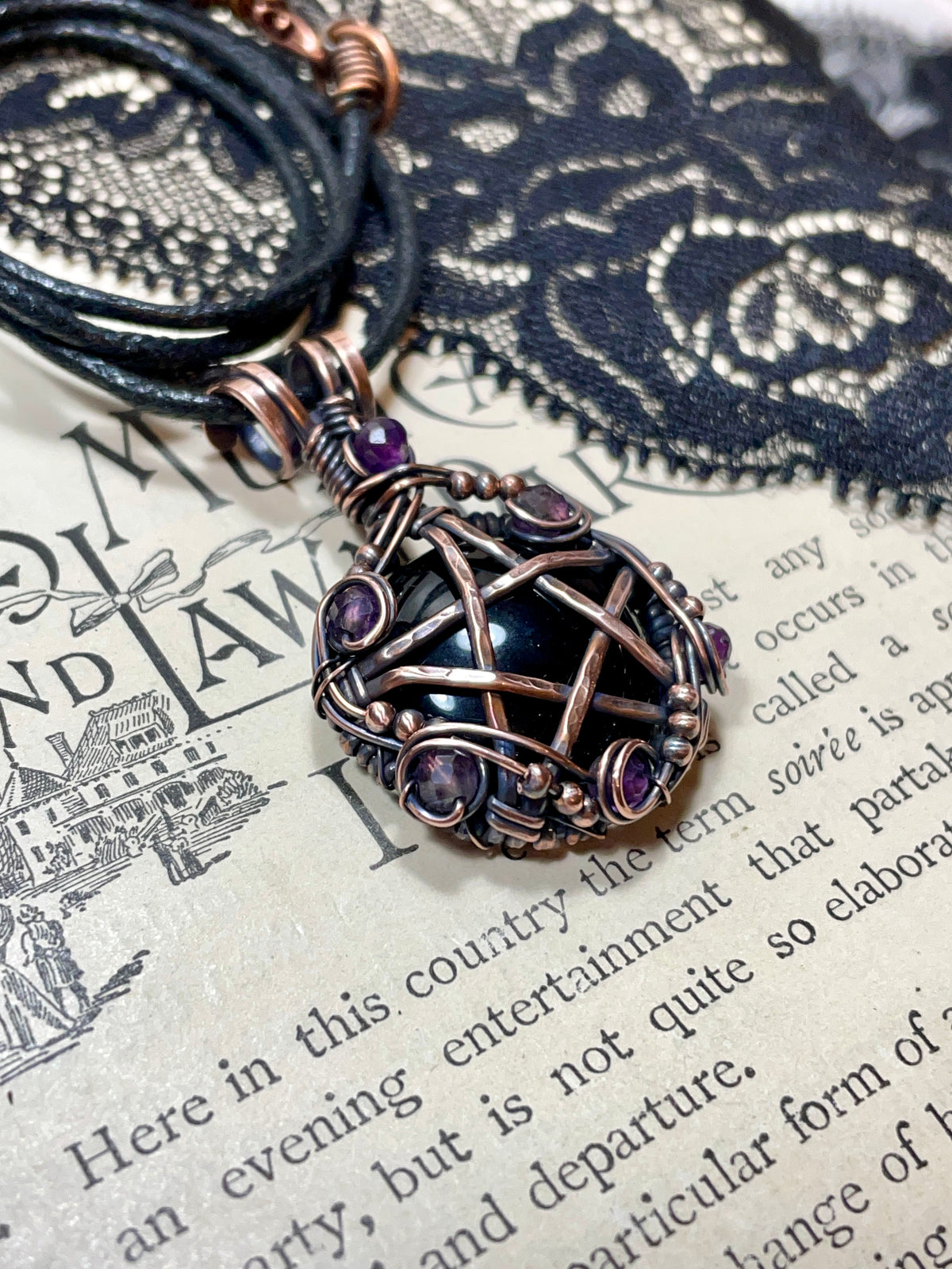 Onyx and Amethyst Pentacle Pendant in Antiqued Copper