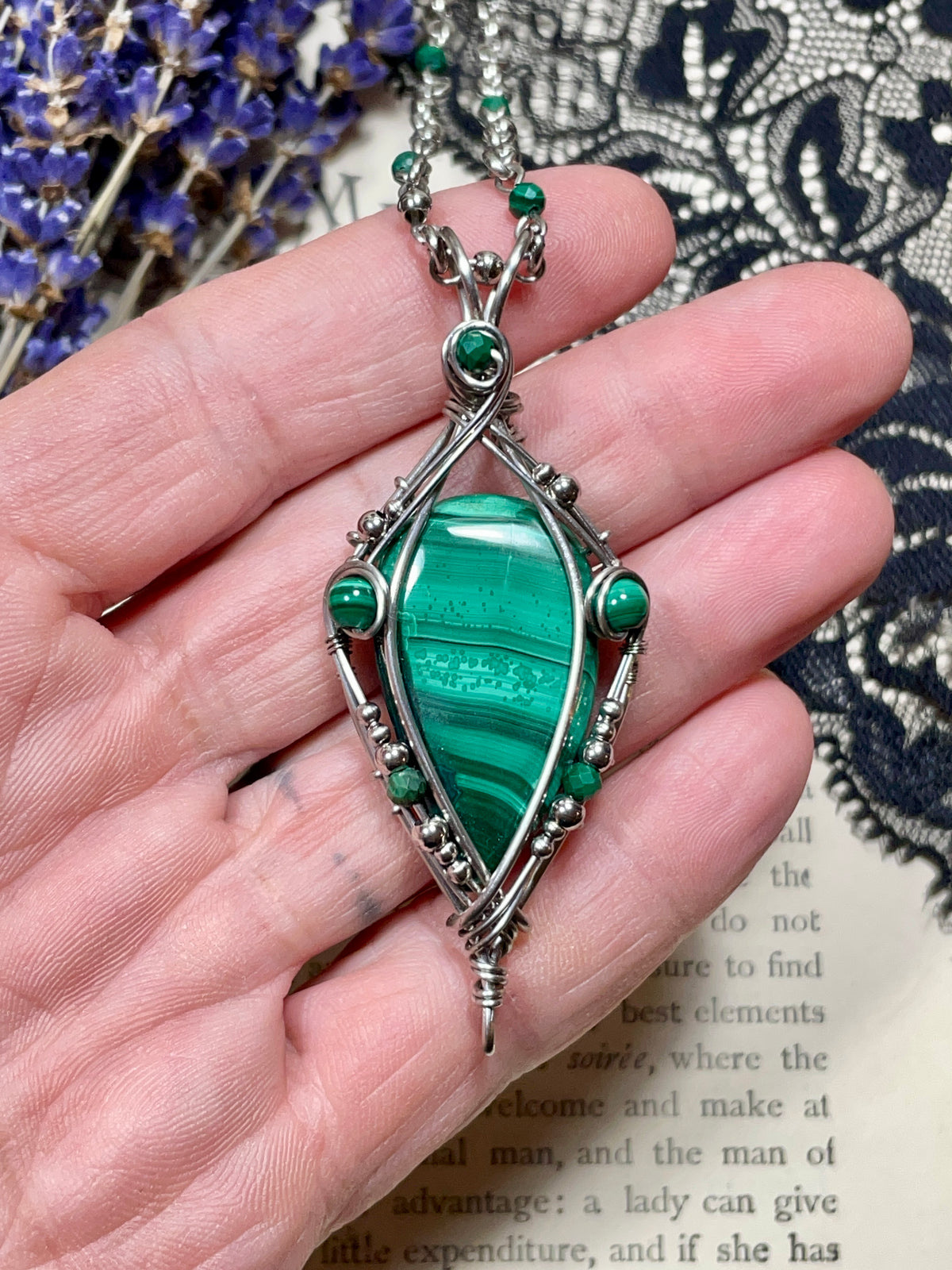 Malachite Pendant in Stainless Steel