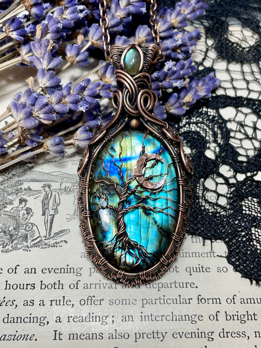 Labradorite Crescent Moon Tree of Life Amulet in Copper