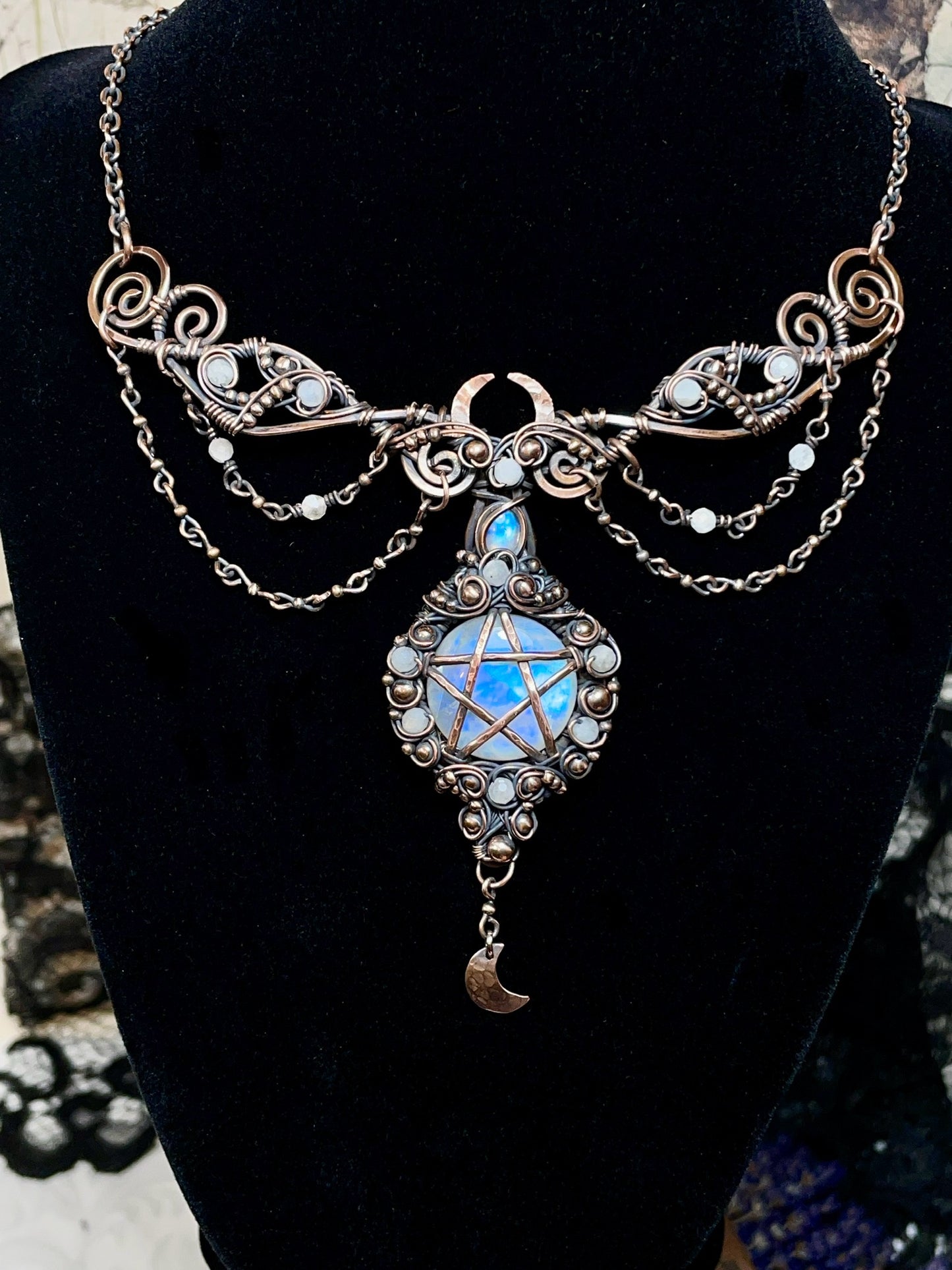 Moonstone (Rainbow Moonstone) Pentacle Collar in Copper