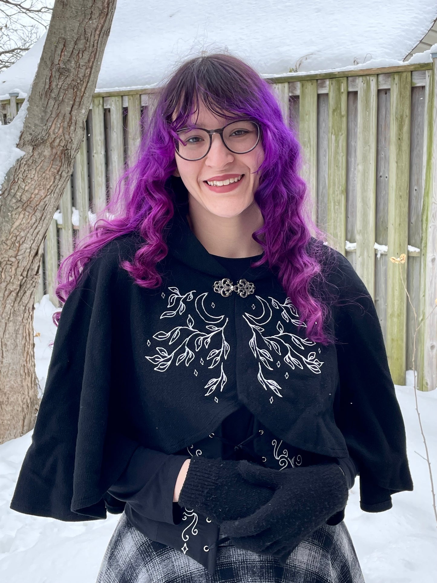 Celestial Black Wool Capelet in Silver