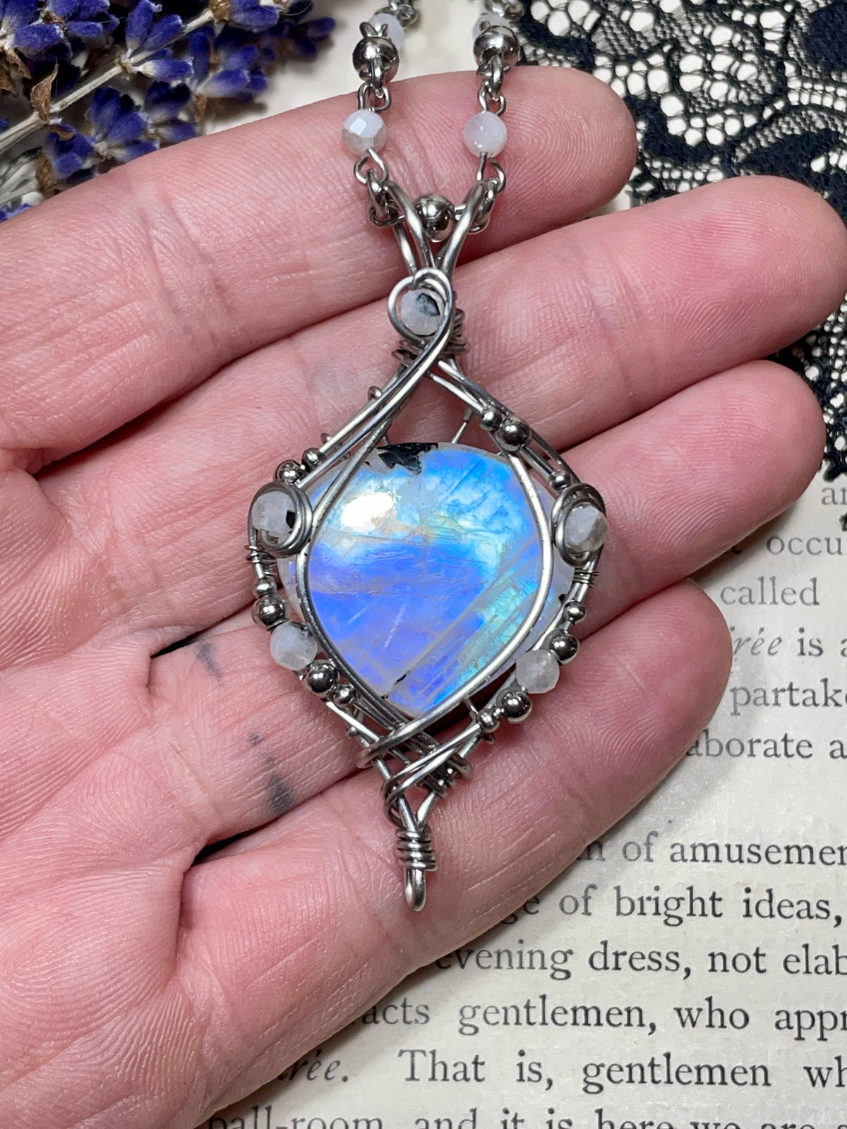 Moonstone (Rainbow Moonstone) Pendant in Stainless Steel