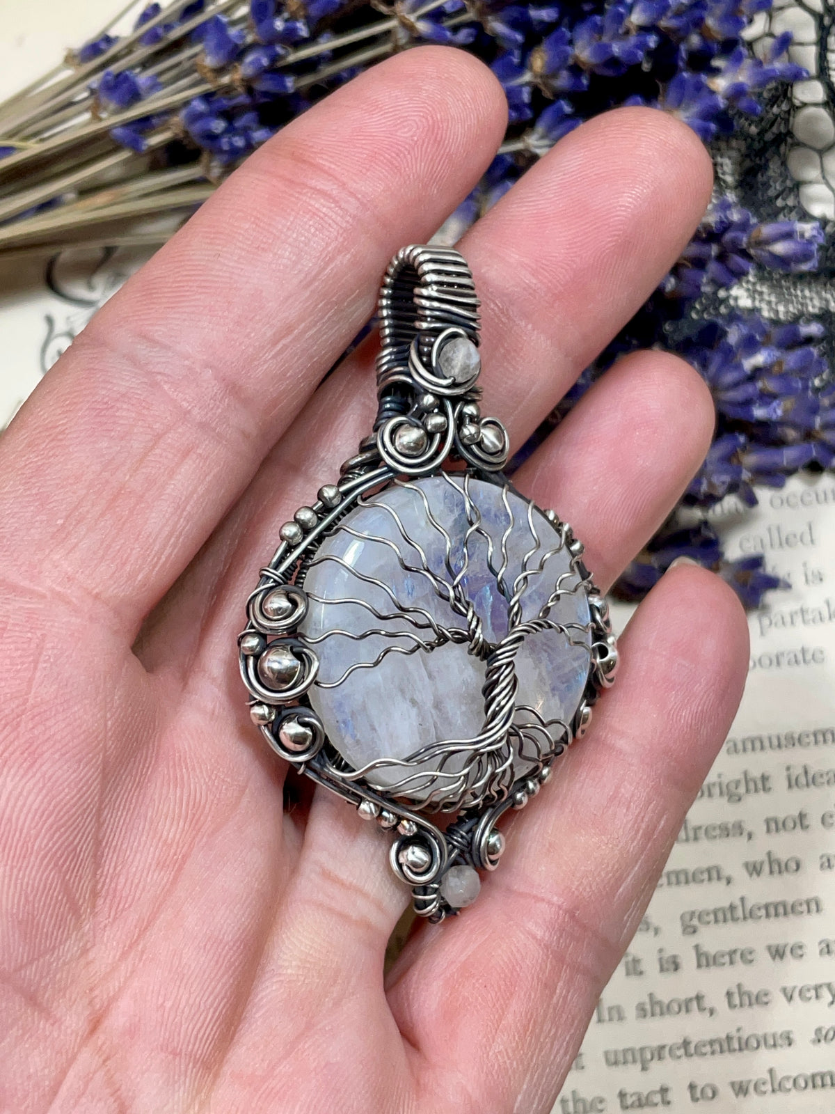 Moonstone (Rainbow Moonstone) Tree of Life Pendant in Sterling Silver