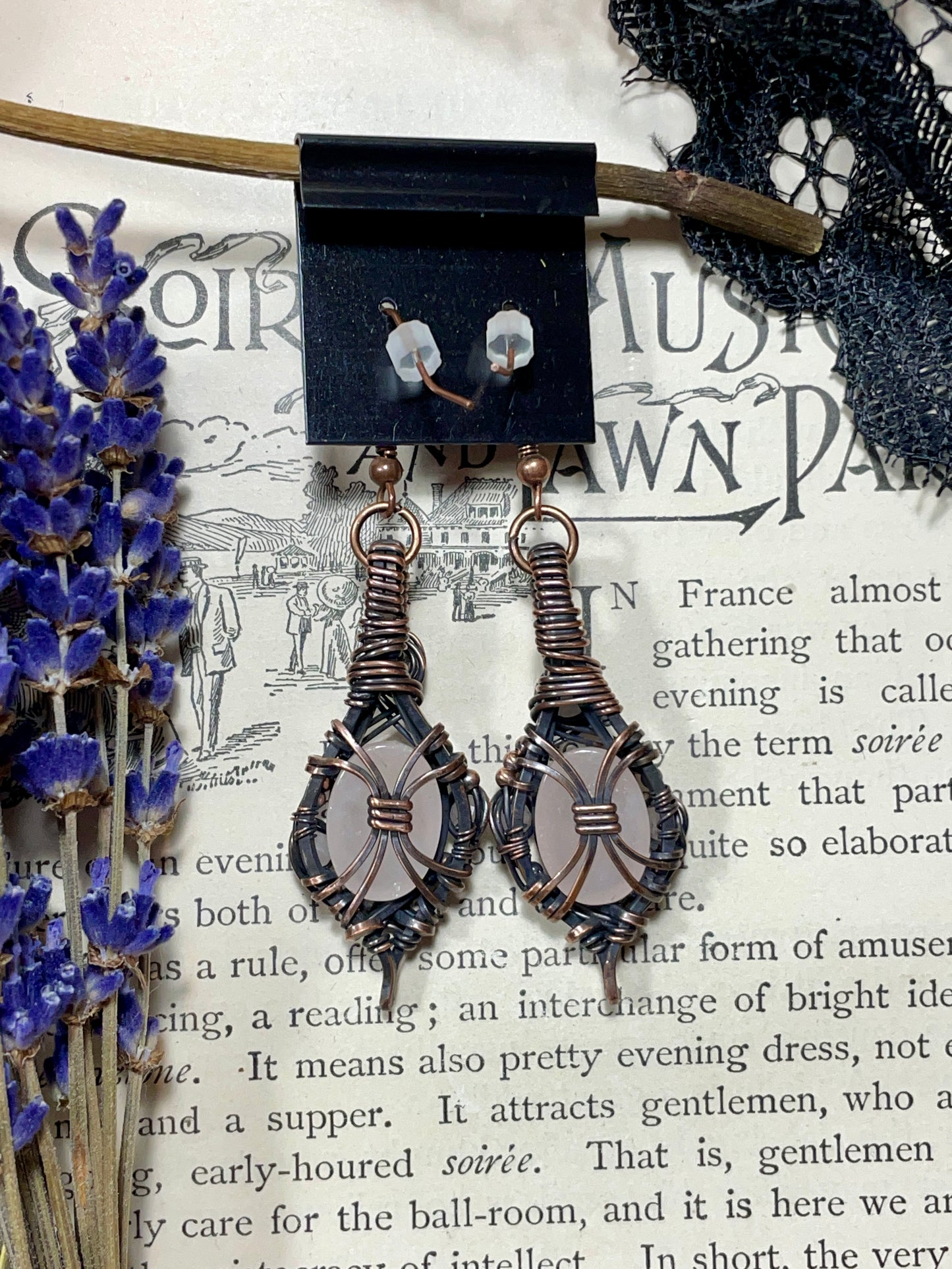 Rose Quartz Earrings in Copper