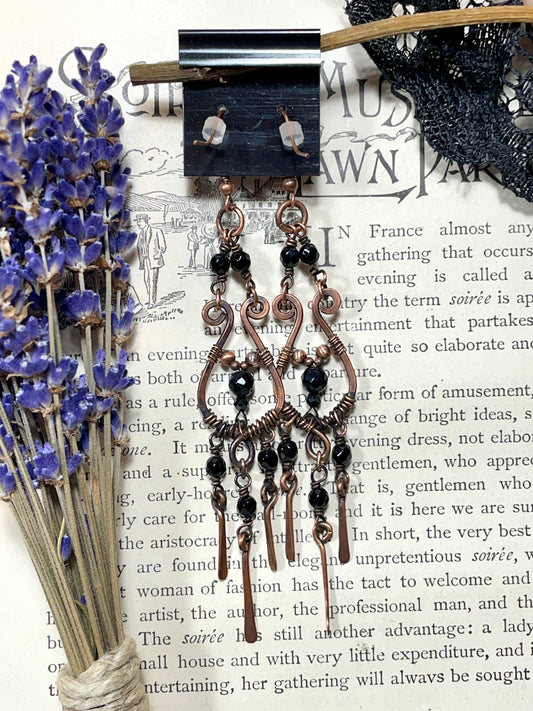 Onyx and Spinel Earrings in Copper