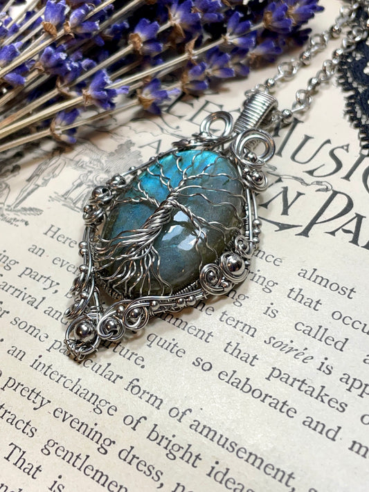 Labradorite Tree of Life Pendant in Stainless Steel
