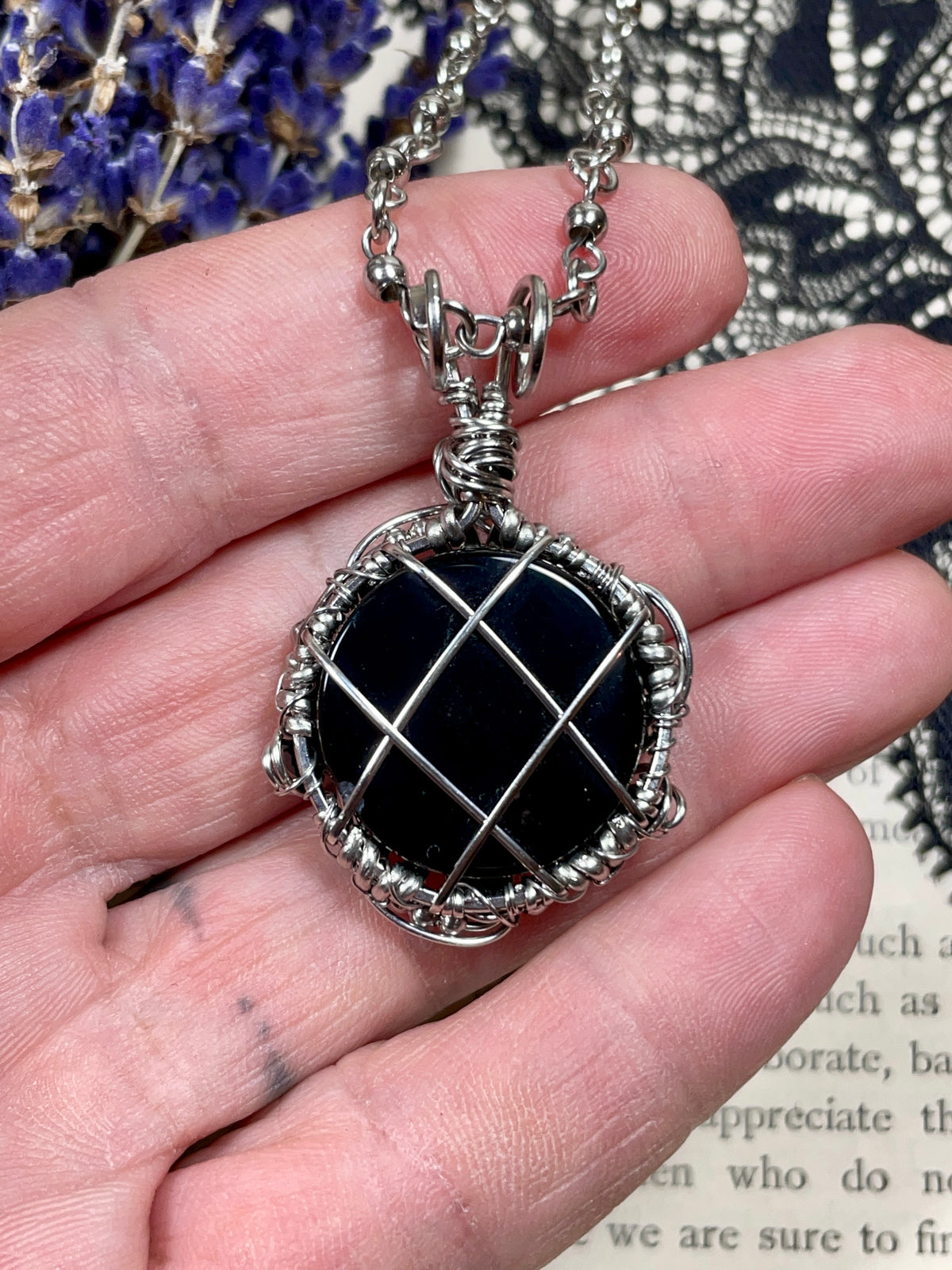 Onyx and Spinel Pentacle Pendant in Stainless Steel