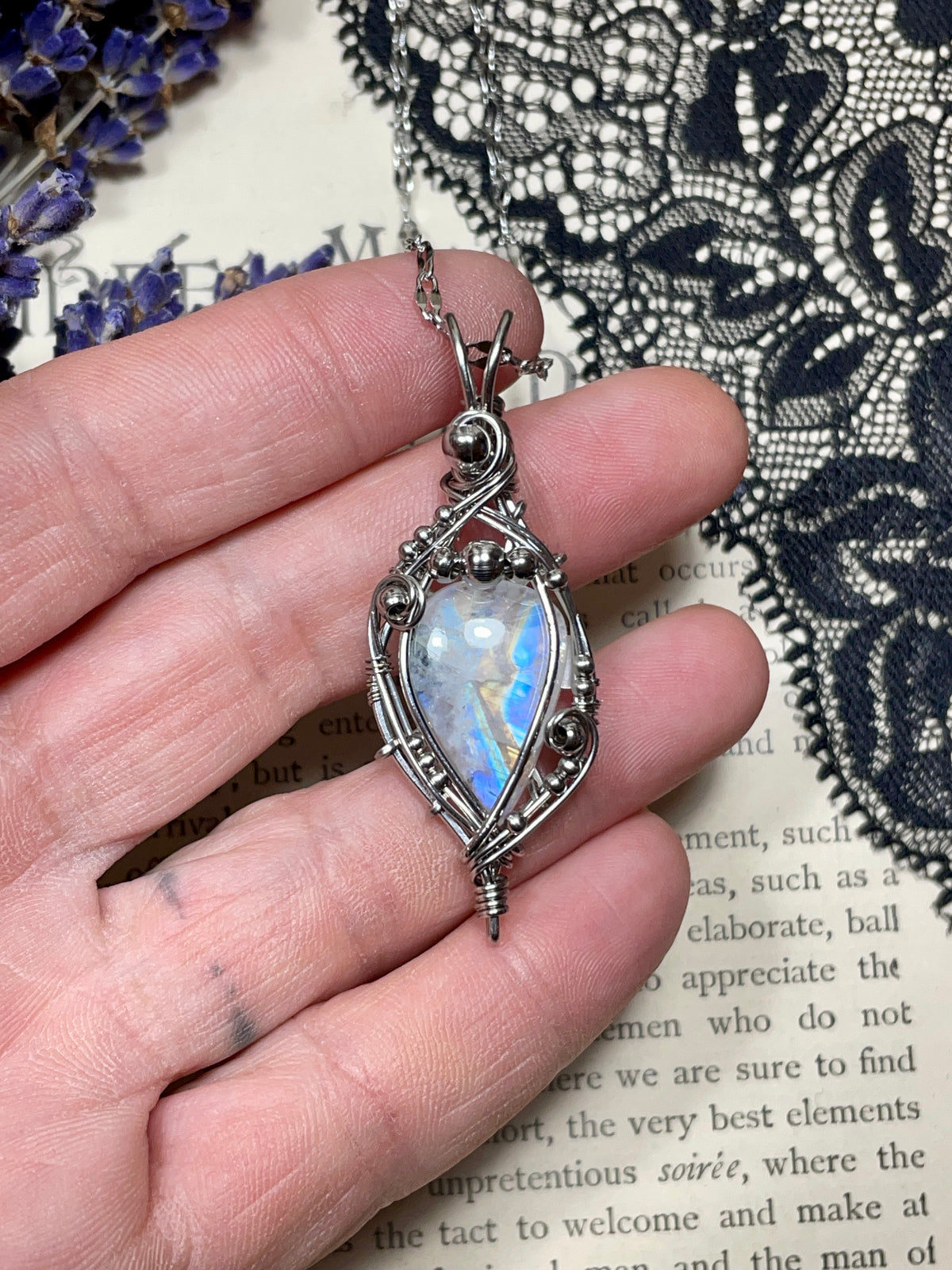 Moonstone (Rainbow Moonstone) Pendant in Stainless Steel