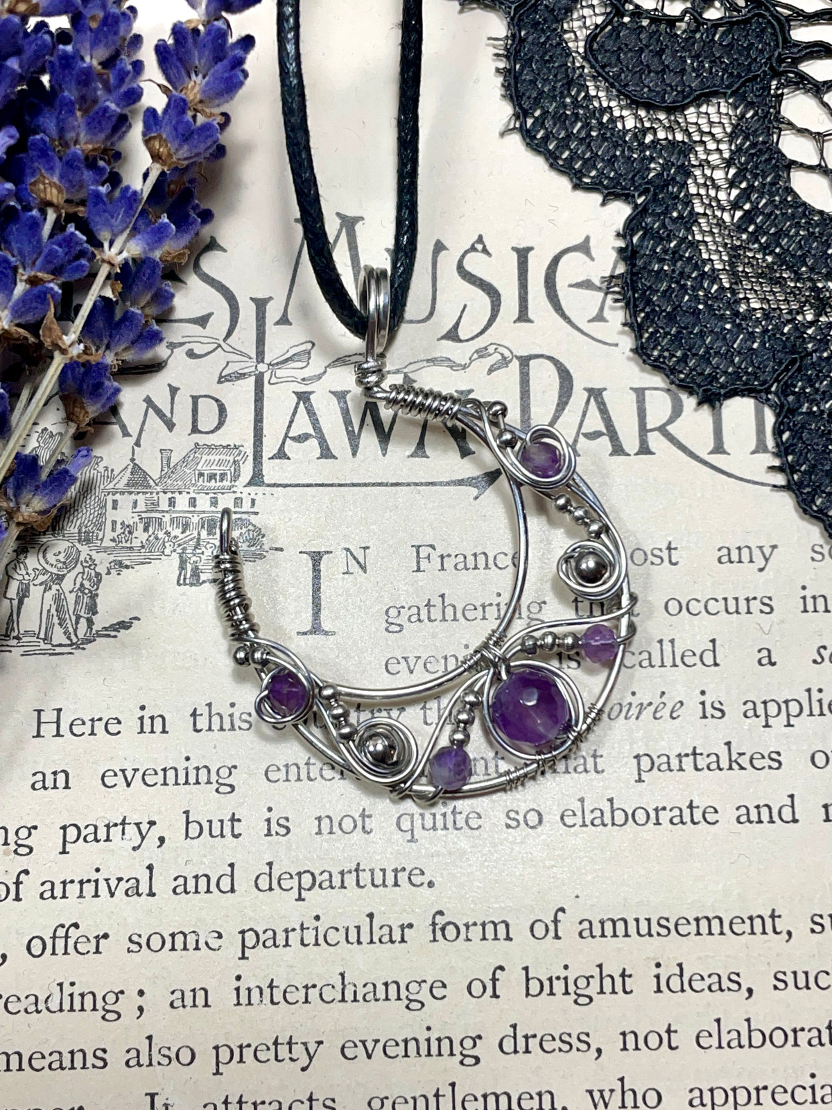 Amethyst Crescent Moon Pendant in Stainless Steel