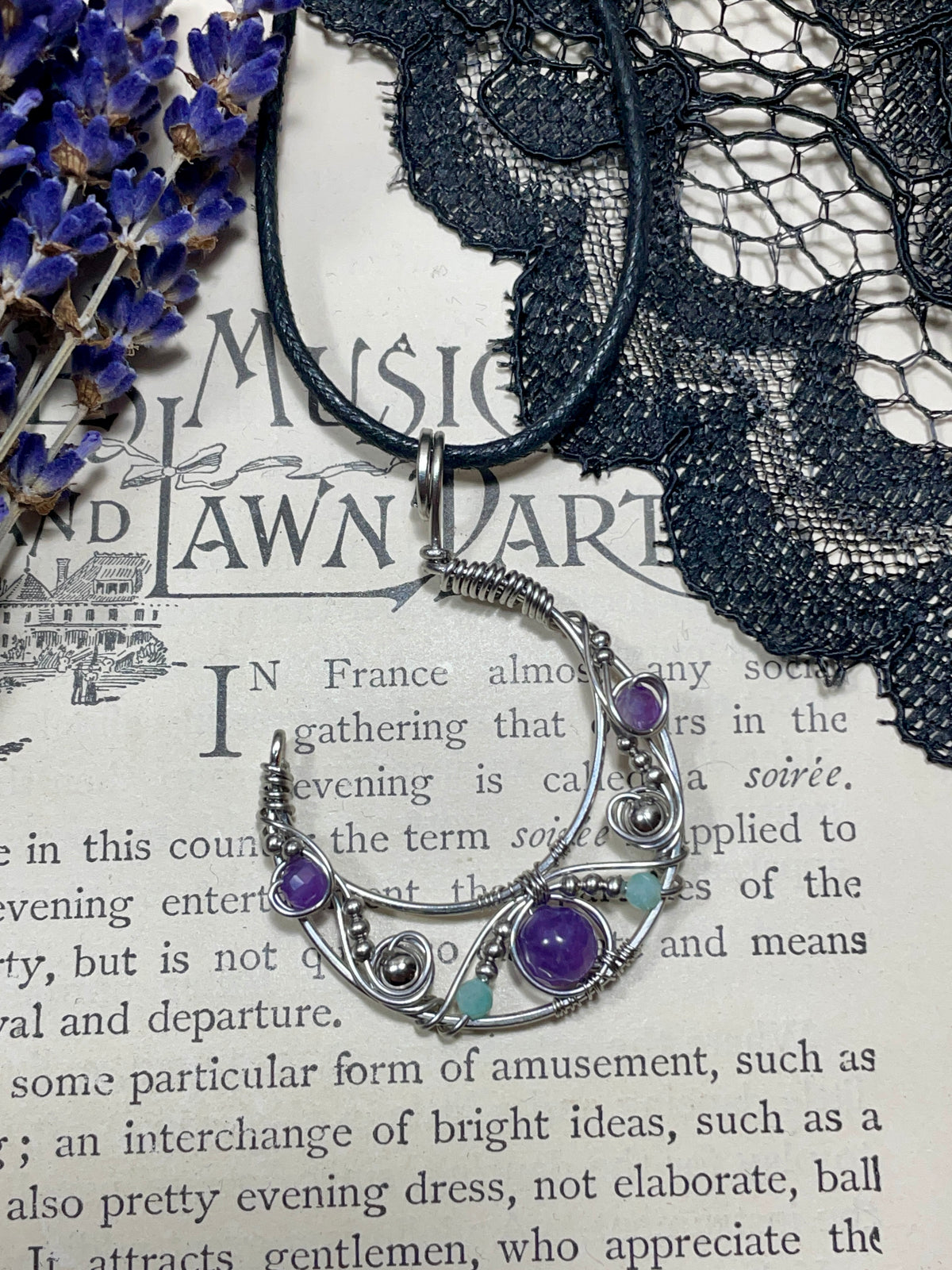 Amethyst and Amazonite Crescent Moon Pendant in Stainless Steel