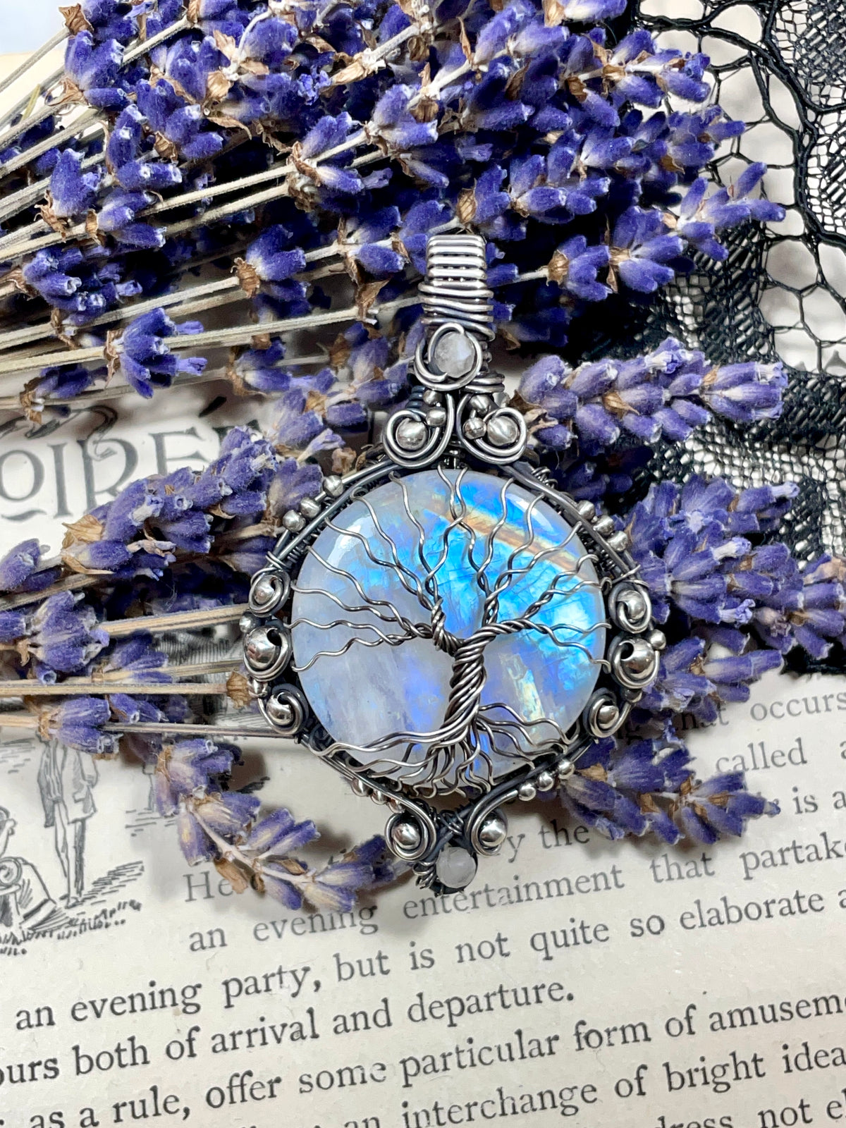 Moonstone (Rainbow Moonstone) Tree of Life Pendant in Sterling Silver