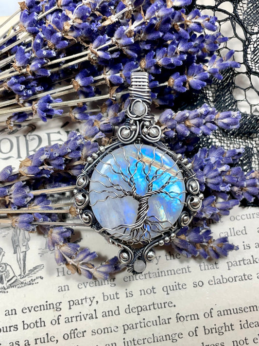 Moonstone (Rainbow Moonstone) Tree of Life Pendant in Sterling Silver