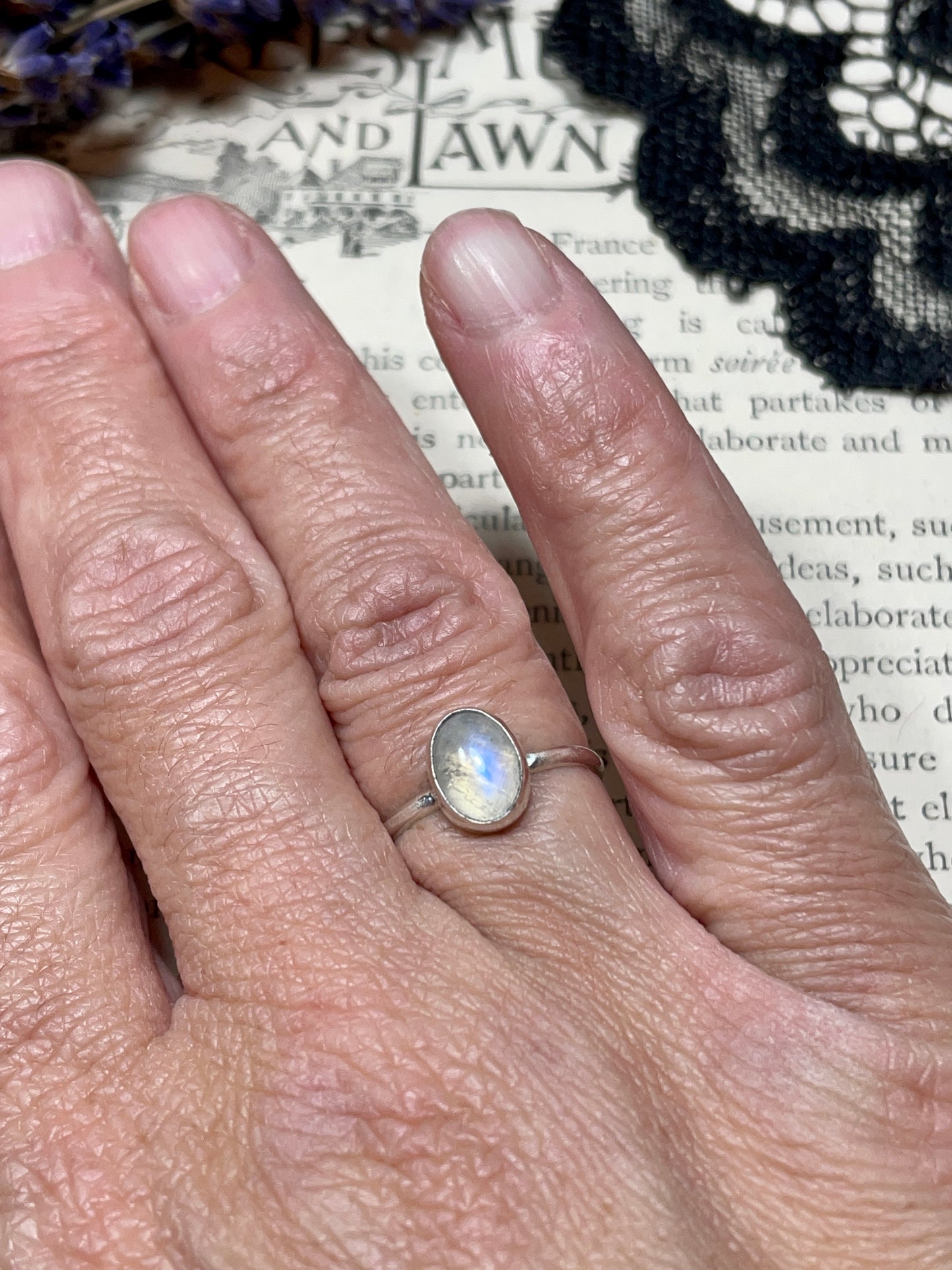 Rainbow Moonstone Sterling Silver Ring Size 6