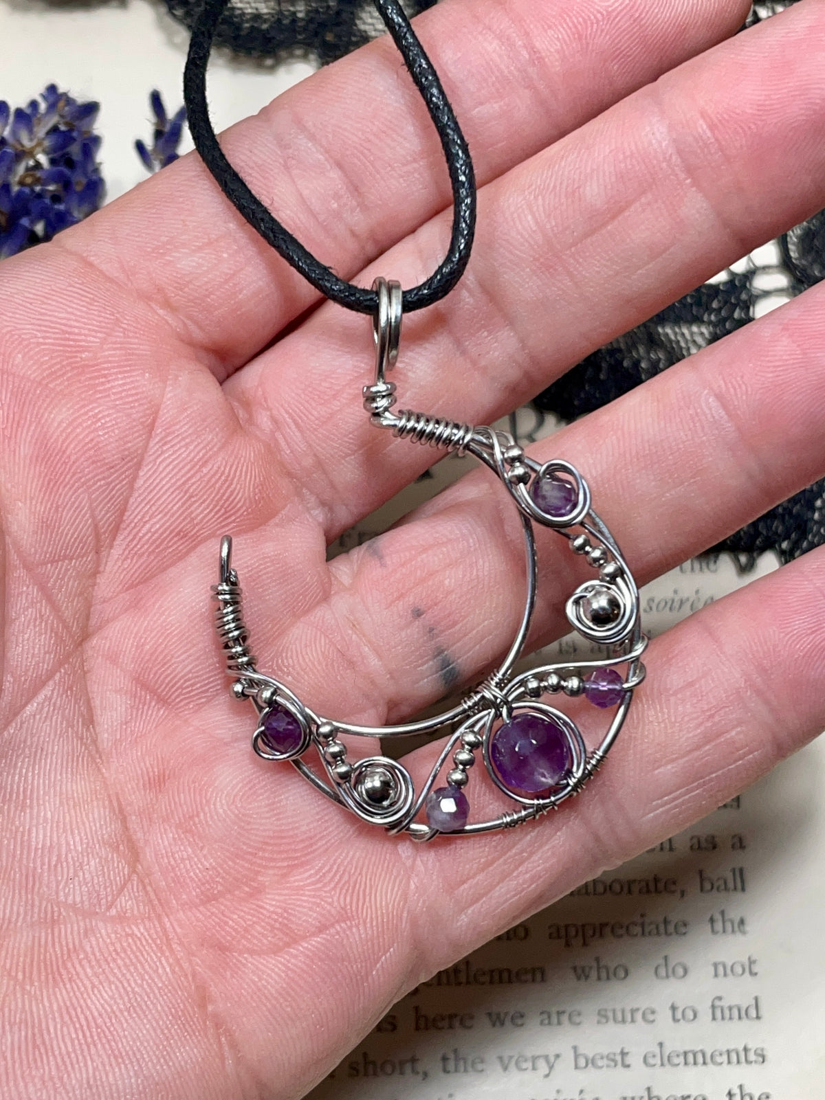 Amethyst Crescent Moon Pendant in Stainless Steel