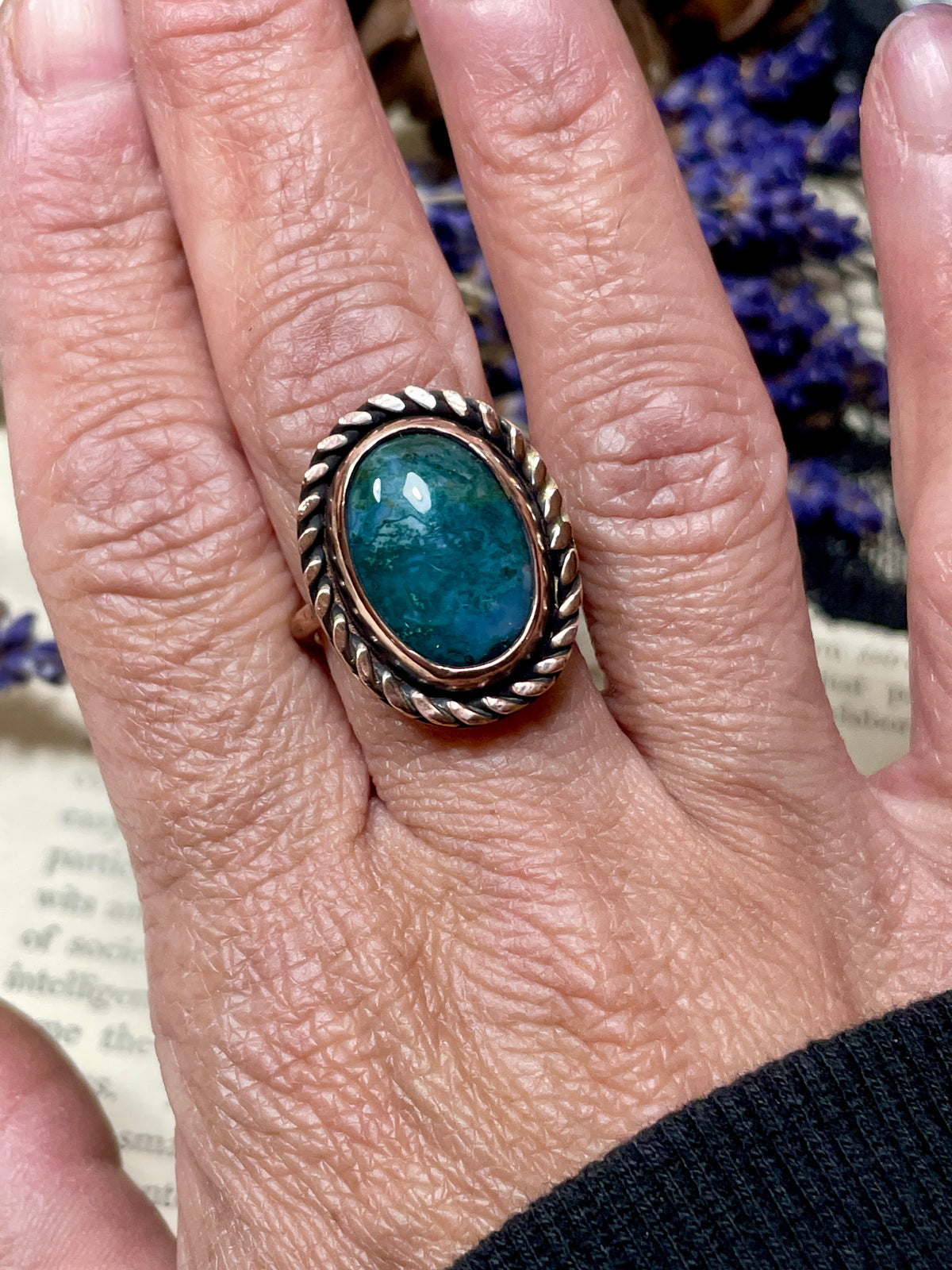 Moss Agate Copper Ring Size 7.5