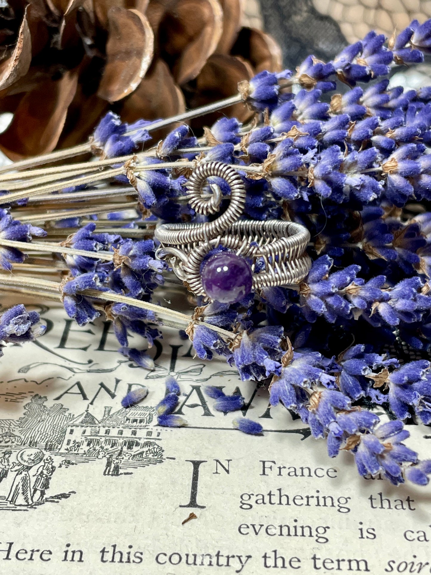 Amethyst Bead Woven Sterling Silver Ring