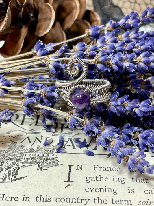 Amethyst Bead Woven Sterling Silver Ring