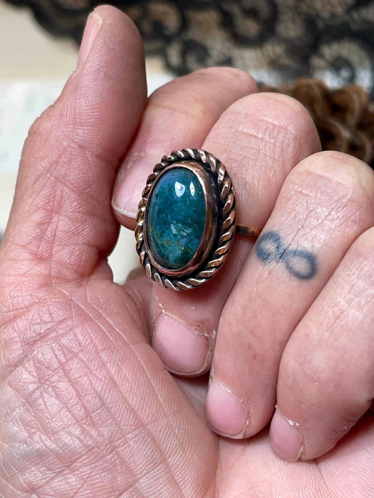 Moss Agate Copper Ring Size 7.5