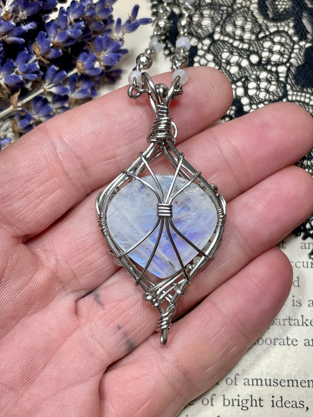 Moonstone (Rainbow Moonstone) Pendant in Stainless Steel