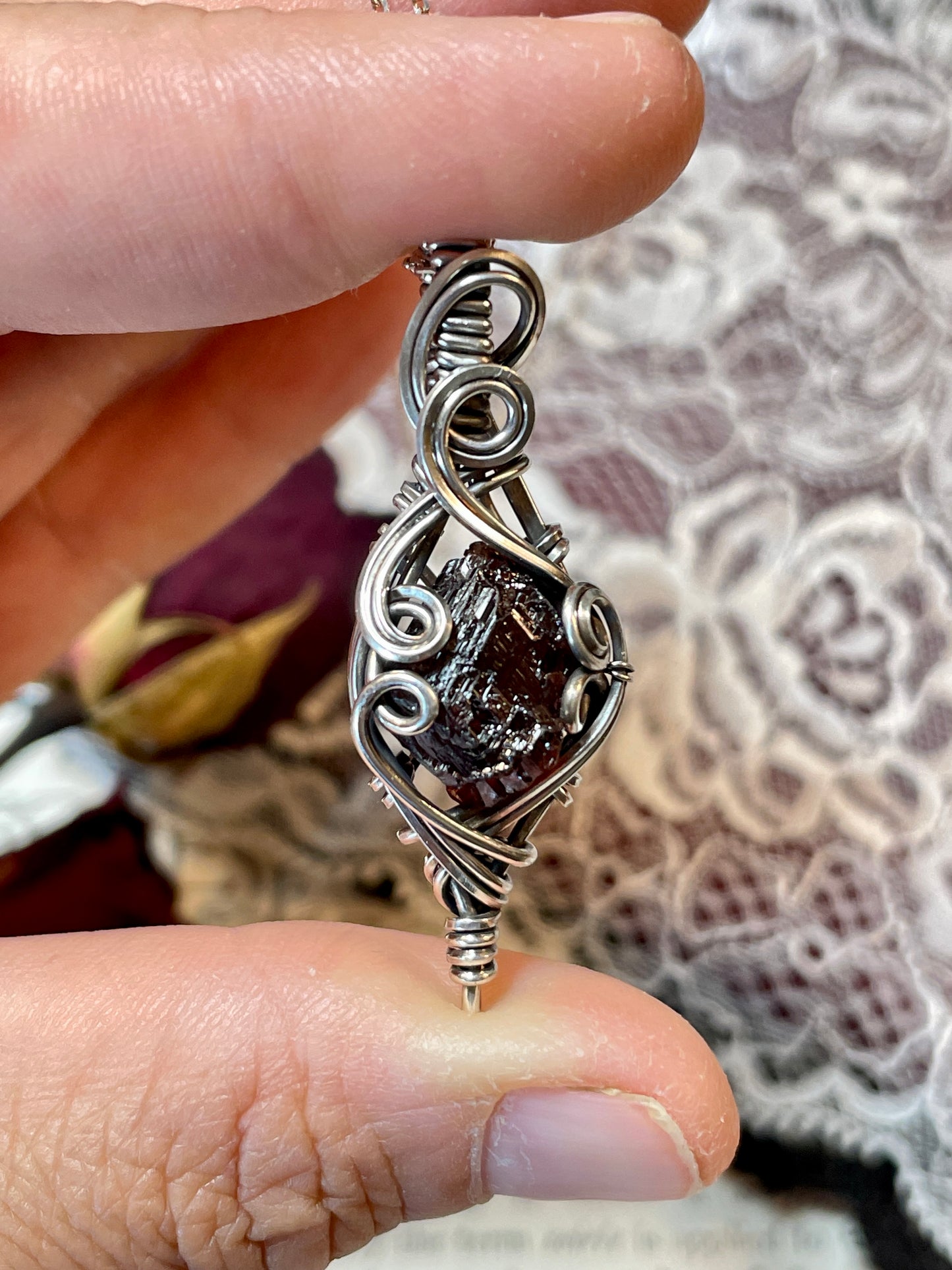 Natural Raw Etched Spessartine Garnet Pendant in Sterling Silver #1