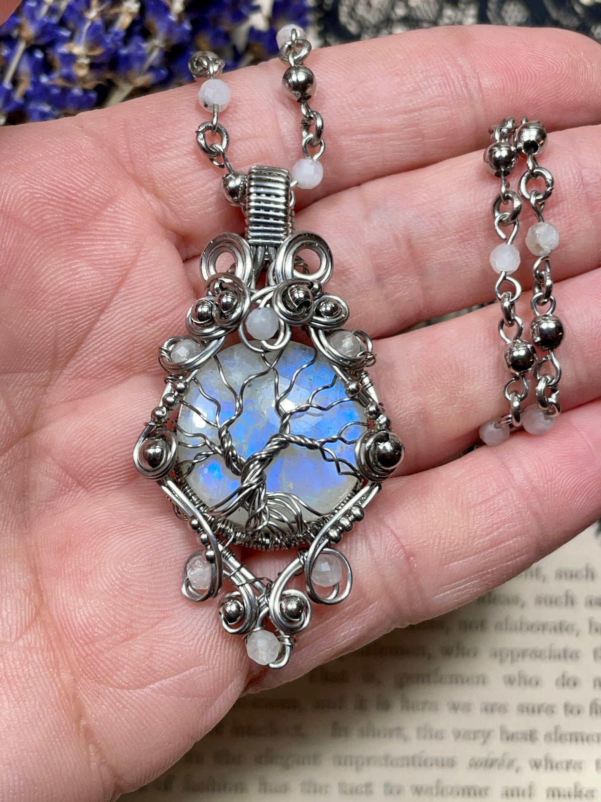 Moonstone (Rainbow Moonstone) Tree of Life Pendant in Stainless Steel