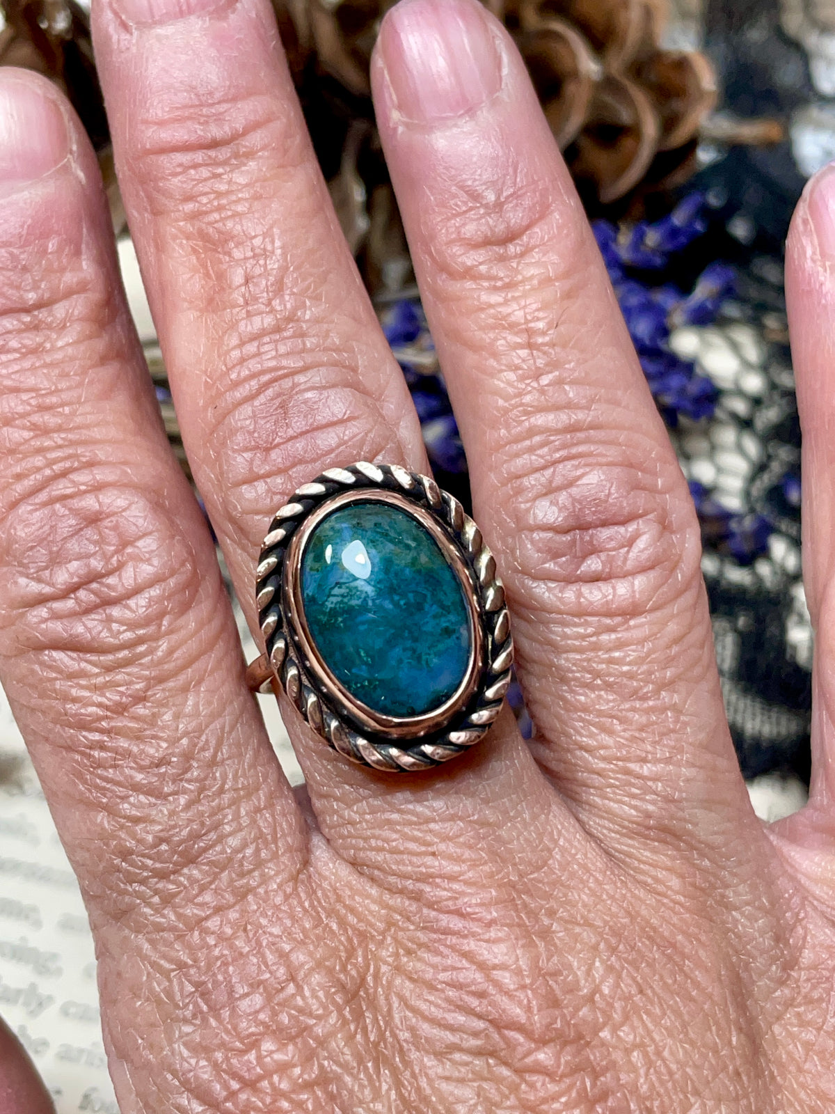 Moss Agate Copper Ring Size 7.5