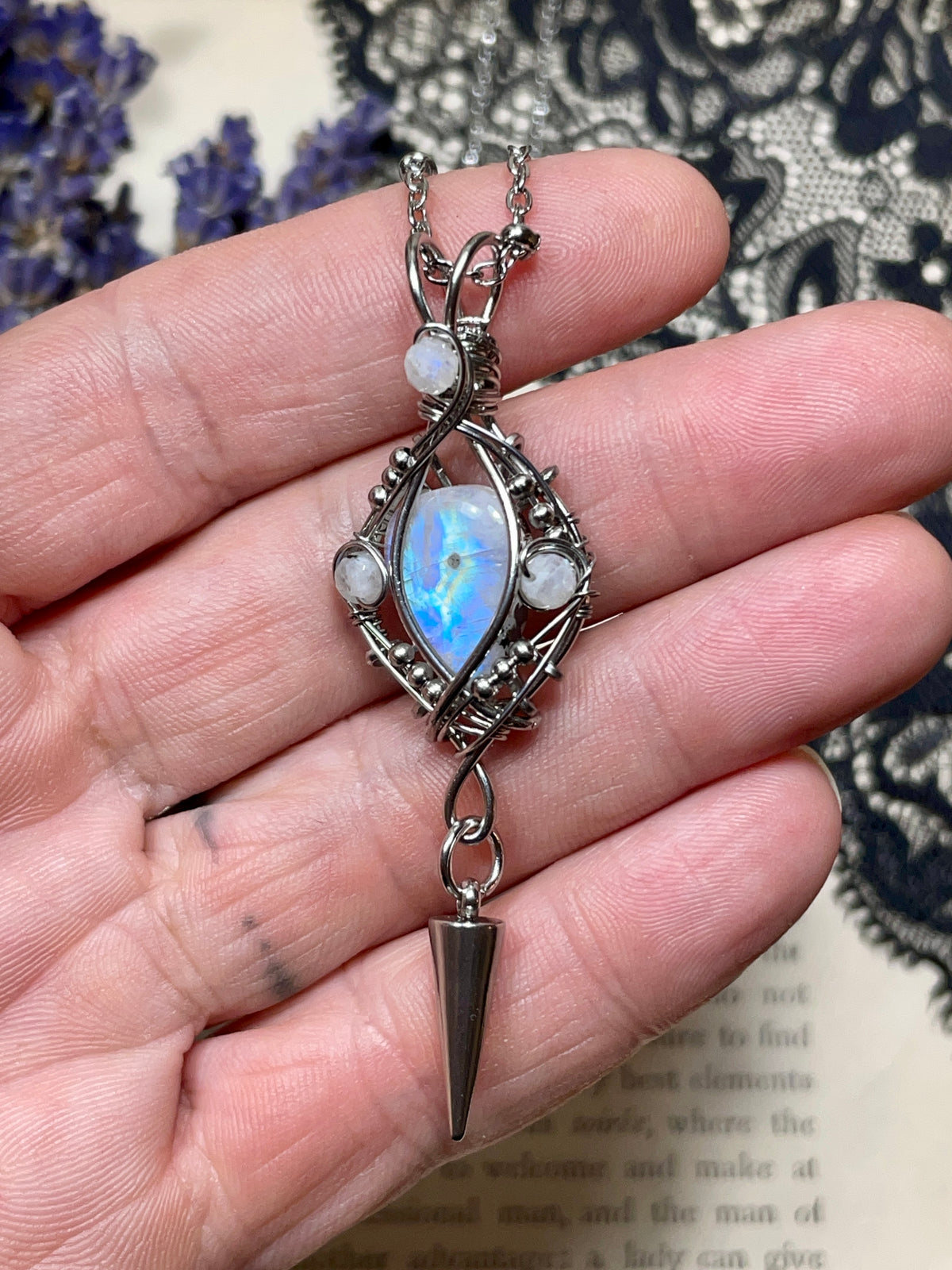 Moonstone (Rainbow Monstone) Pendant in Stainless Steel
